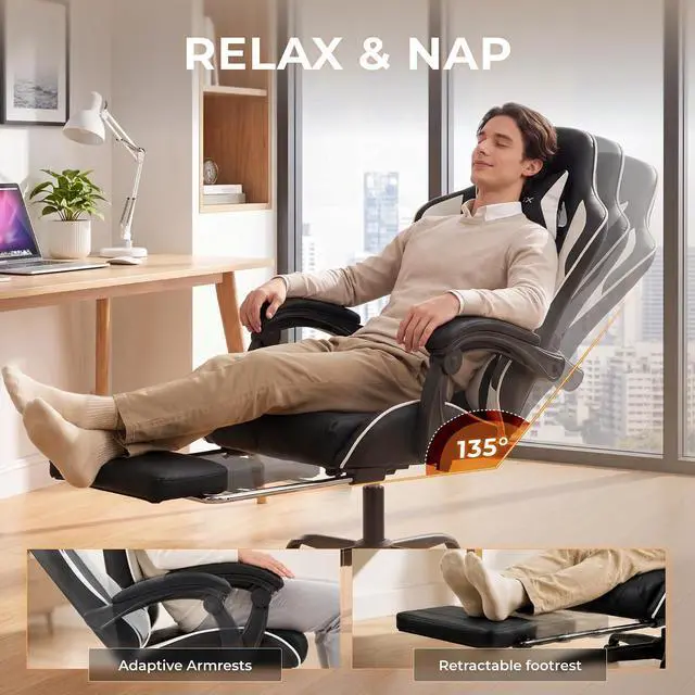 Alt view image 7 of 7 - Dowinx Gaming Chair with Footrest, Ergonomic Office Chair, Black White | PU leather over high-density foam with lumbar support; steel frame holds 300 lbs; built for WFH, study, and napping