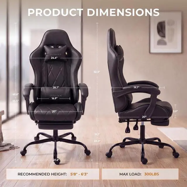 Alt view image 3 of 7 - Dowinx Gaming Chair with Footrest, Ergonomic Office Chair, Black | PU leather over high-density foam with lumbar support; steel frame holds 300 lbs; built for WFH, study, and napping