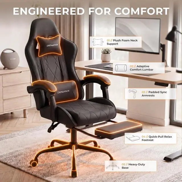 Alt view image 4 of 7 - Dowinx Gaming Chair with Footrest, Ergonomic Office Chair, Black | PU leather over high-density foam with lumbar support; steel frame holds 300 lbs; built for WFH, study, and napping