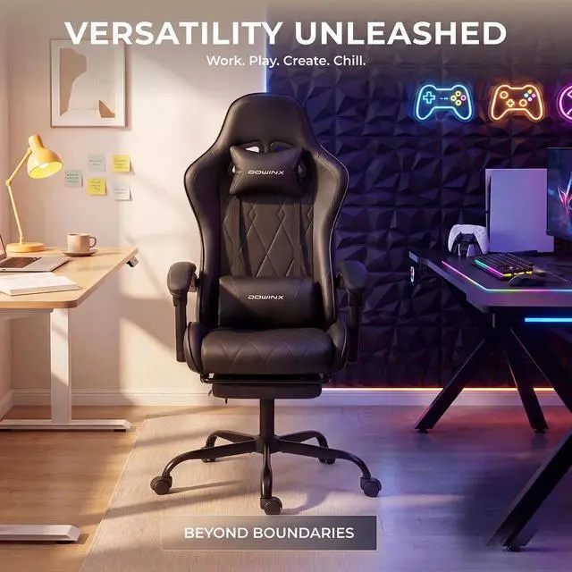 Alt view image 5 of 7 - Dowinx Gaming Chair with Footrest, Ergonomic Office Chair, Black | PU leather over high-density foam with lumbar support; steel frame holds 300 lbs; built for WFH, study, and napping