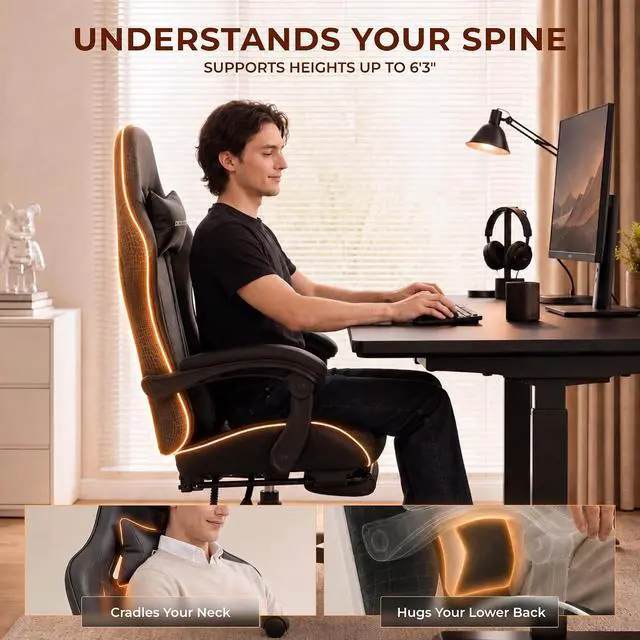 Alt view image 6 of 7 - Dowinx Gaming Chair with Footrest, Ergonomic Office Chair, Black | PU leather over high-density foam with lumbar support; steel frame holds 300 lbs; built for WFH, study, and napping