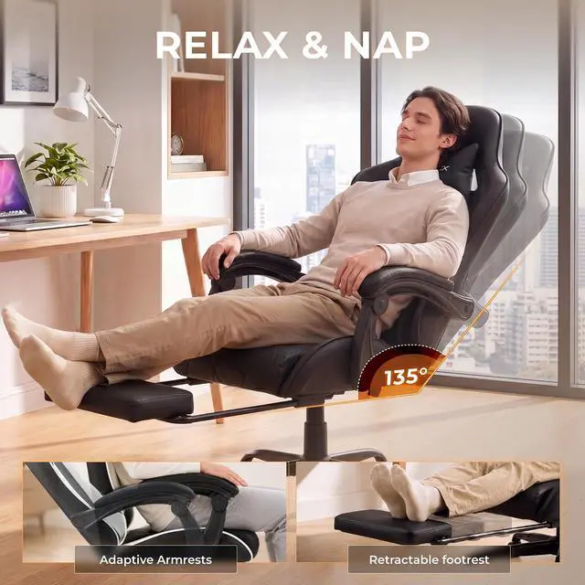 Alt view image 7 of 7 - Dowinx Gaming Chair with Footrest, Ergonomic Office Chair, Black | PU leather over high-density foam with lumbar support; steel frame holds 300 lbs; built for WFH, study, and napping