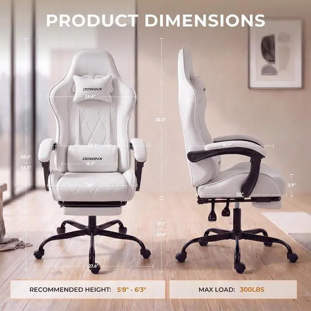 Alt view image 3 of 7 - Dowinx Gaming Chair with Footrest, Ergonomic Office Chair, White | PU leather over high-density foam with lumbar support; steel frame holds 300 lbs; built for WFH, study, and napping