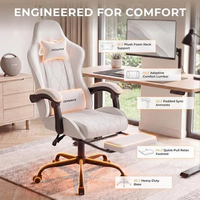 Alt view image 4 of 7 - Dowinx Gaming Chair with Footrest, Ergonomic Office Chair, White | PU leather over high-density foam with lumbar support; steel frame holds 300 lbs; built for WFH, study, and napping