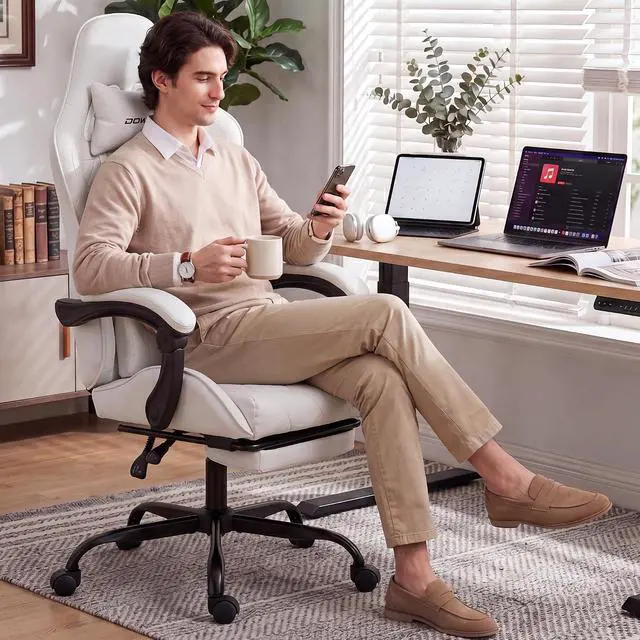 Alt view image 2 of 7 - Dowinx Gaming Chair with Footrest, Ergonomic Office Chair, White | PU leather over high-density foam with lumbar support; steel frame holds 300 lbs; built for WFH, study, and napping