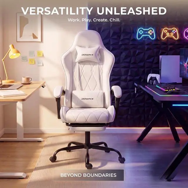 Alt view image 5 of 7 - Dowinx Gaming Chair with Footrest, Ergonomic Office Chair, White | PU leather over high-density foam with lumbar support; steel frame holds 300 lbs; built for WFH, study, and napping