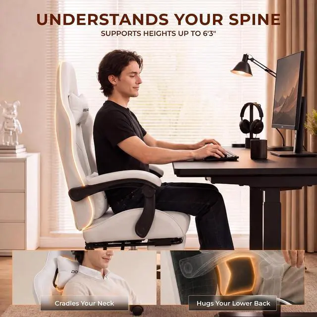Alt view image 6 of 7 - Dowinx Gaming Chair with Footrest, Ergonomic Office Chair, White | PU leather over high-density foam with lumbar support; steel frame holds 300 lbs; built for WFH, study, and napping