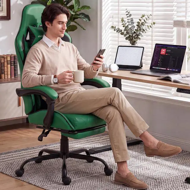Alt view image 2 of 7 - Dowinx Gaming Chair with Footrest, Ergonomic Office Chair, Green | PU leather over high-density foam with lumbar support; steel frame holds 300 lbs; built for WFH, study, and napping