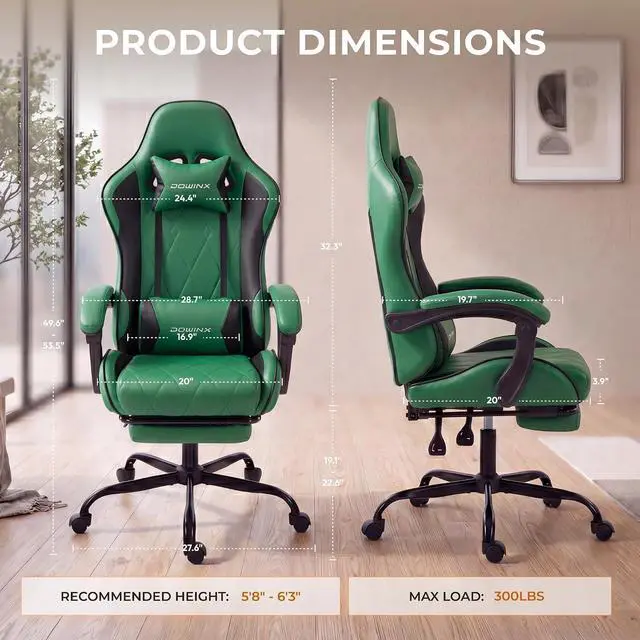 Alt view image 3 of 7 - Dowinx Gaming Chair with Footrest, Ergonomic Office Chair, Green | PU leather over high-density foam with lumbar support; steel frame holds 300 lbs; built for WFH, study, and napping