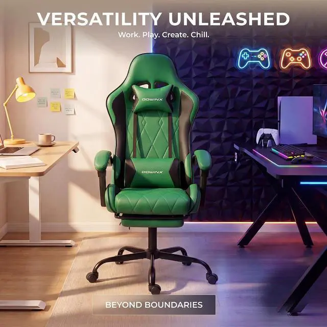 Alt view image 5 of 7 - Dowinx Gaming Chair with Footrest, Ergonomic Office Chair, Green | PU leather over high-density foam with lumbar support; steel frame holds 300 lbs; built for WFH, study, and napping