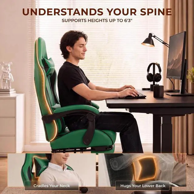 Alt view image 6 of 7 - Dowinx Gaming Chair with Footrest, Ergonomic Office Chair, Green | PU leather over high-density foam with lumbar support; steel frame holds 300 lbs; built for WFH, study, and napping