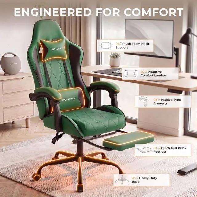 Alt view image 4 of 7 - Dowinx Gaming Chair with Footrest, Ergonomic Office Chair, Green | PU leather over high-density foam with lumbar support; steel frame holds 300 lbs; built for WFH, study, and napping