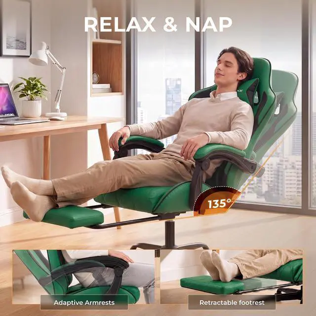 Alt view image 7 of 7 - Dowinx Gaming Chair with Footrest, Ergonomic Office Chair, Green | PU leather over high-density foam with lumbar support; steel frame holds 300 lbs; built for WFH, study, and napping