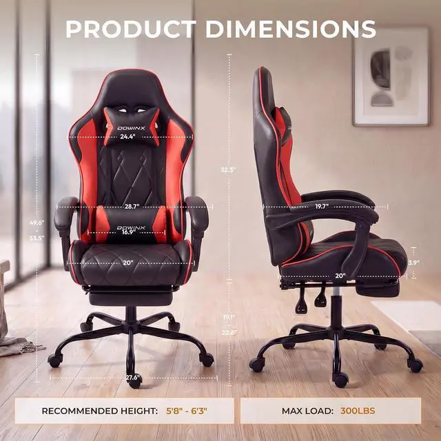 Alt view image 3 of 7 - Dowinx Gaming Chair with Footrest, Ergonomic Office Chair, Red | PU leather over high-density foam with lumbar support; steel frame holds 300 lbs; built for WFH, study, and napping
