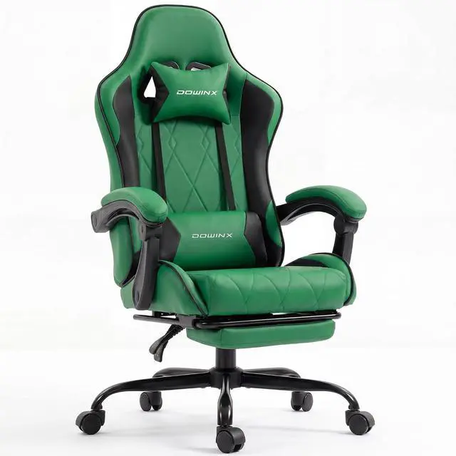 Main image of Dowinx Gaming Chair with Footrest, Ergonomic Office Chair, Green | PU leather over high-density foam with lumbar support; steel frame holds 300 lbs; built for WFH, study, and napping