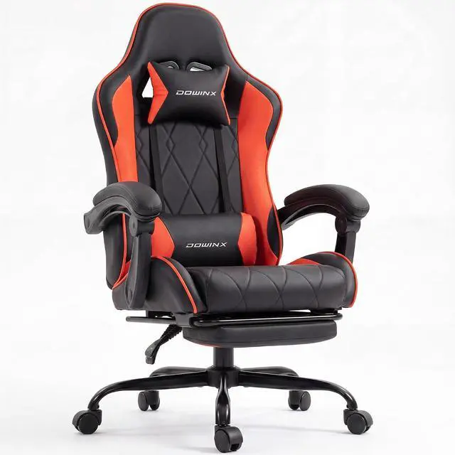 Main image of Dowinx Gaming Chair with Footrest, Ergonomic Office Chair, Red | PU leather over high-density foam with lumbar support; steel frame holds 300 lbs; built for WFH, study, and napping