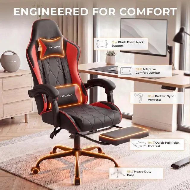 Alt view image 4 of 7 - Dowinx Gaming Chair with Footrest, Ergonomic Office Chair, Red | PU leather over high-density foam with lumbar support; steel frame holds 300 lbs; built for WFH, study, and napping