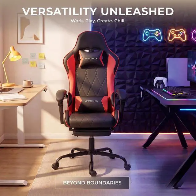 Alt view image 5 of 7 - Dowinx Gaming Chair with Footrest, Ergonomic Office Chair, Red | PU leather over high-density foam with lumbar support; steel frame holds 300 lbs; built for WFH, study, and napping