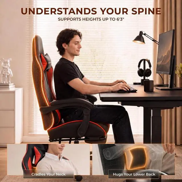 Alt view image 6 of 7 - Dowinx Gaming Chair with Footrest, Ergonomic Office Chair, Red | PU leather over high-density foam with lumbar support; steel frame holds 300 lbs; built for WFH, study, and napping