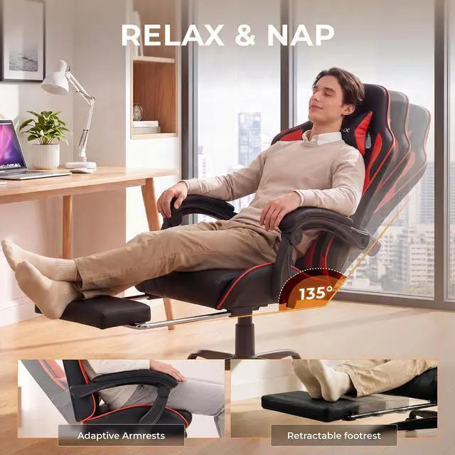 Alt view image 7 of 7 - Dowinx Gaming Chair with Footrest, Ergonomic Office Chair, Red | PU leather over high-density foam with lumbar support; steel frame holds 300 lbs; built for WFH, study, and napping