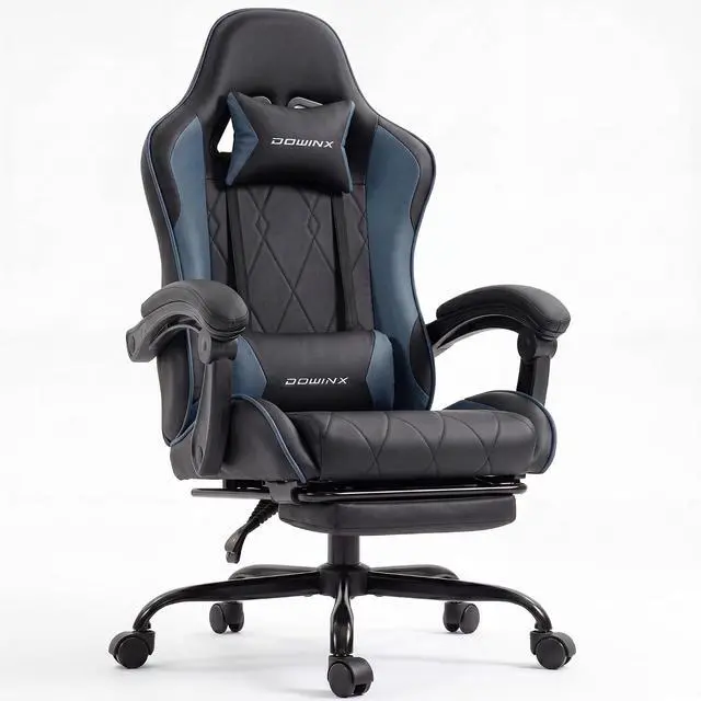 Main image of Dowinx Gaming Chair with Footrest, Ergonomic Office Chair, Blue | PU leather over high-density foam with lumbar support; steel frame holds 300 lbs; built for WFH, study, and napping