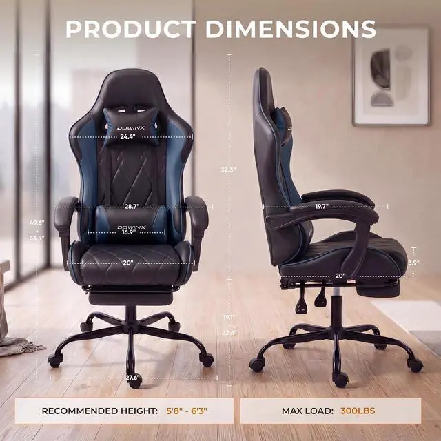 Alt view image 3 of 7 - Dowinx Gaming Chair with Footrest, Ergonomic Office Chair, Blue | PU leather over high-density foam with lumbar support; steel frame holds 300 lbs; built for WFH, study, and napping