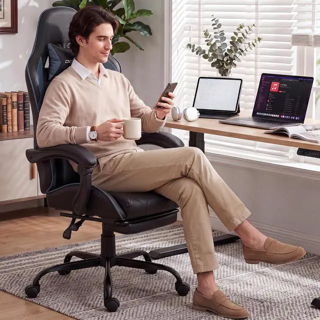 Alt view image 2 of 7 - Dowinx Gaming Chair with Footrest, Ergonomic Office Chair, Blue | PU leather over high-density foam with lumbar support; steel frame holds 300 lbs; built for WFH, study, and napping