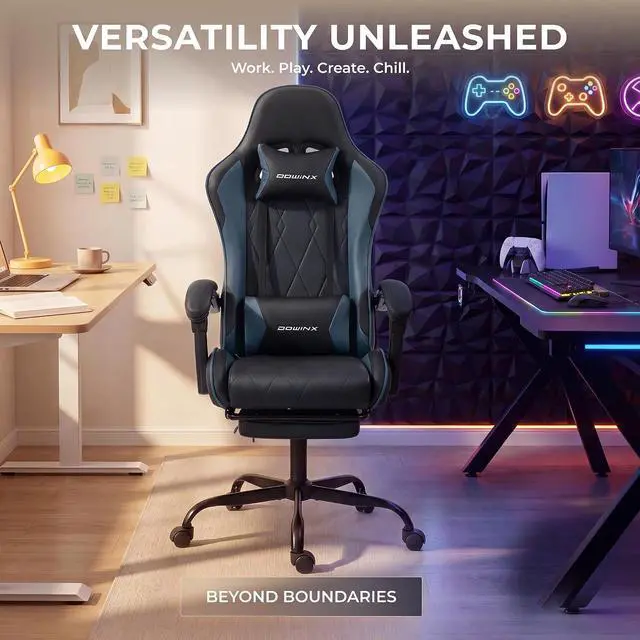 Alt view image 5 of 7 - Dowinx Gaming Chair with Footrest, Ergonomic Office Chair, Blue | PU leather over high-density foam with lumbar support; steel frame holds 300 lbs; built for WFH, study, and napping