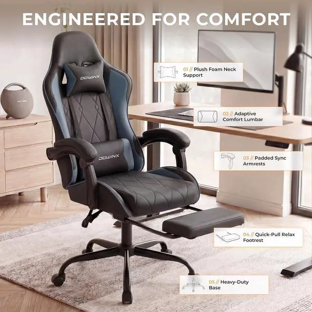 Alt view image 4 of 7 - Dowinx Gaming Chair with Footrest, Ergonomic Office Chair, Blue | PU leather over high-density foam with lumbar support; steel frame holds 300 lbs; built for WFH, study, and napping