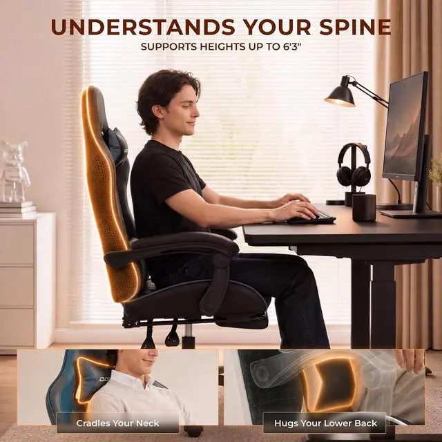 Alt view image 6 of 7 - Dowinx Gaming Chair with Footrest, Ergonomic Office Chair, Blue | PU leather over high-density foam with lumbar support; steel frame holds 300 lbs; built for WFH, study, and napping