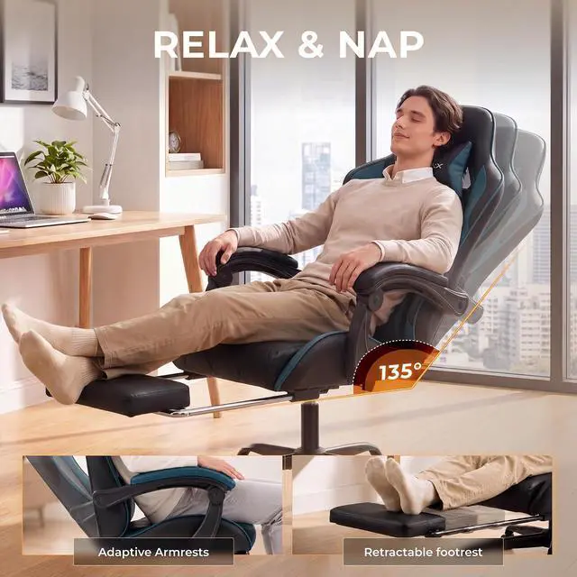 Alt view image 7 of 7 - Dowinx Gaming Chair with Footrest, Ergonomic Office Chair, Blue | PU leather over high-density foam with lumbar support; steel frame holds 300 lbs; built for WFH, study, and napping