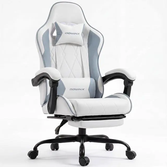 Main image of Dowinx Gaming Chair with Footrest, Ergonomic Office Chair, White Blue | PU leather over high-density foam with lumbar support; steel frame holds 300 lbs; built for WFH, study, and napping