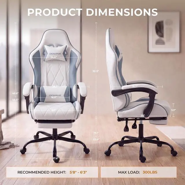 Alt view image 3 of 7 - Dowinx Gaming Chair with Footrest, Ergonomic Office Chair, White Blue | PU leather over high-density foam with lumbar support; steel frame holds 300 lbs; built for WFH, study, and napping