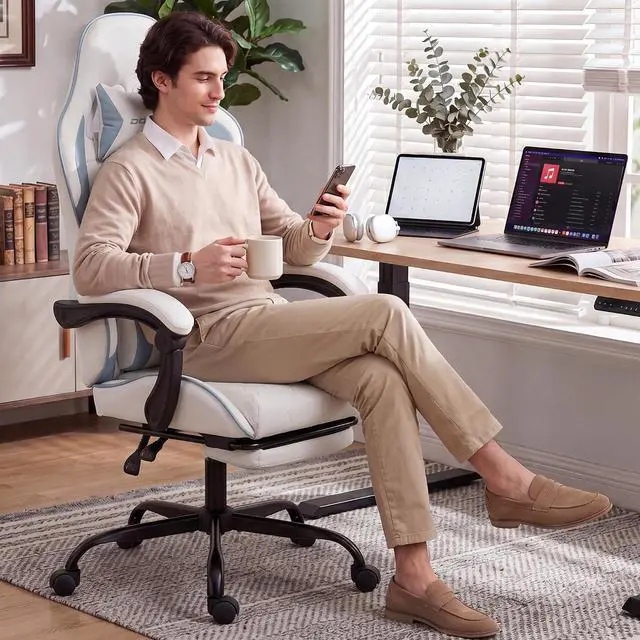 Alt view image 2 of 7 - Dowinx Gaming Chair with Footrest, Ergonomic Office Chair, White Blue | PU leather over high-density foam with lumbar support; steel frame holds 300 lbs; built for WFH, study, and napping