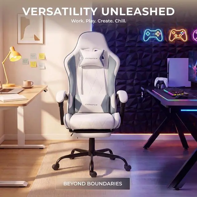 Alt view image 5 of 7 - Dowinx Gaming Chair with Footrest, Ergonomic Office Chair, White Blue | PU leather over high-density foam with lumbar support; steel frame holds 300 lbs; built for WFH, study, and napping