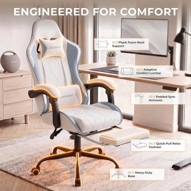 Alt view image 4 of 7 - Dowinx Gaming Chair with Footrest, Ergonomic Office Chair, White Blue | PU leather over high-density foam with lumbar support; steel frame holds 300 lbs; built for WFH, study, and napping