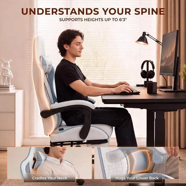Alt view image 6 of 7 - Dowinx Gaming Chair with Footrest, Ergonomic Office Chair, White Blue | PU leather over high-density foam with lumbar support; steel frame holds 300 lbs; built for WFH, study, and napping