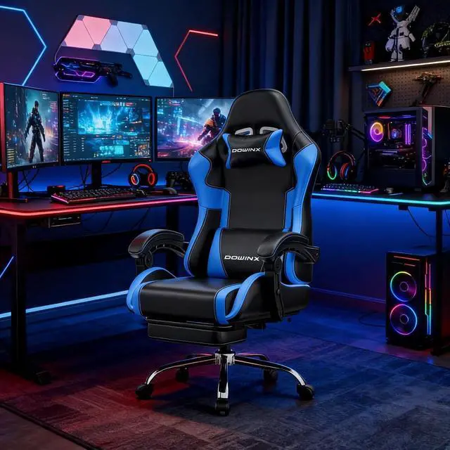Alt view image 2 of 7 - Dowinx Gaming Chair Ergonomic, Massage Lumbar Support, Footrest, Adjustable Height & Headrest Pillow, Heavy Duty 330lbs Office Chair, Comfortable for Back Pain Relief Long Gaming Streaming Blue