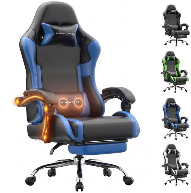 Main image of Dowinx Gaming Chair Ergonomic, Massage Lumbar Support, Footrest, Adjustable Height & Headrest Pillow, Heavy Duty 330lbs Office Chair, Comfortable for Back Pain Relief Long Gaming Streaming Blue
