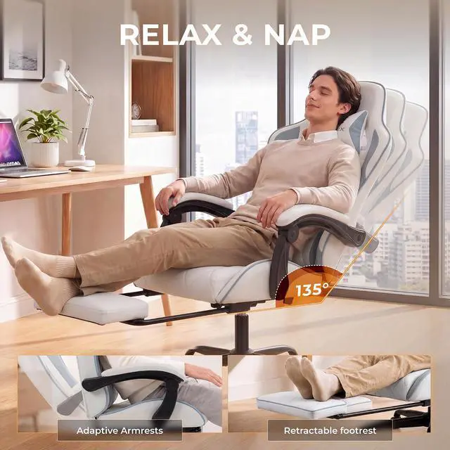 Alt view image 7 of 7 - Dowinx Gaming Chair with Footrest, Ergonomic Office Chair, White Blue | PU leather over high-density foam with lumbar support; steel frame holds 300 lbs; built for WFH, study, and napping