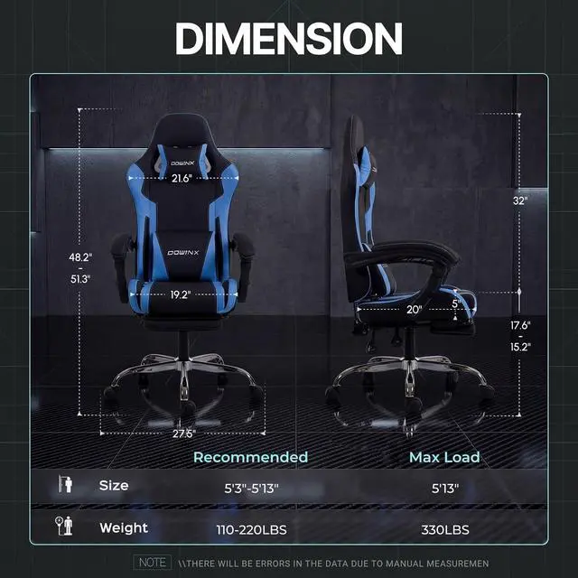 Alt view image 3 of 7 - Dowinx Gaming Chair Ergonomic, Massage Lumbar Support, Footrest, Adjustable Height & Headrest Pillow, Heavy Duty 330lbs Office Chair, Comfortable for Back Pain Relief Long Gaming Streaming Blue