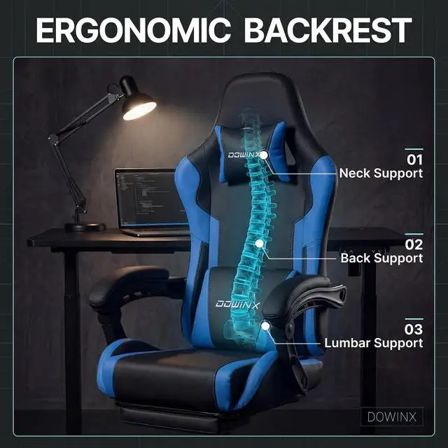 Alt view image 4 of 7 - Dowinx Gaming Chair Ergonomic, Massage Lumbar Support, Footrest, Adjustable Height & Headrest Pillow, Heavy Duty 330lbs Office Chair, Comfortable for Back Pain Relief Long Gaming Streaming Blue