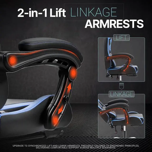 Alt view image 5 of 7 - Dowinx Gaming Chair Ergonomic, Massage Lumbar Support, Footrest, Adjustable Height & Headrest Pillow, Heavy Duty 330lbs Office Chair, Comfortable for Back Pain Relief Long Gaming Streaming Blue