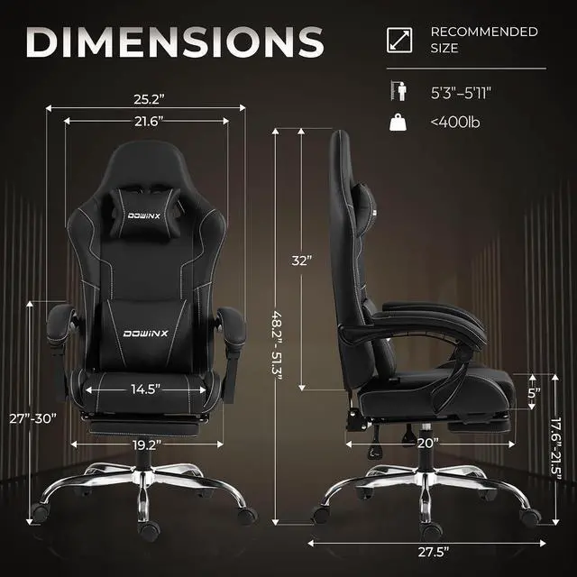 Alt view image 3 of 7 - Ergonomic Gaming Chair with Footrest, Heavy Duty 330lbs Office Chair, Massage Lumbar Support, Adjustable Height & Headrest Pillow, Comfortable for Back Pain Relief, Streaming, Long Gaming, Black