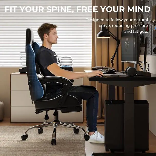 Alt view image 7 of 7 - Ergonomic Gaming Chair with Footrest, Heavy Duty 330lbs Office Chair, Massage Lumbar Support, Adjustable Height & Headrest Pillow, Comfortable for Back Pain Relief, Streaming, Long Gaming, Black