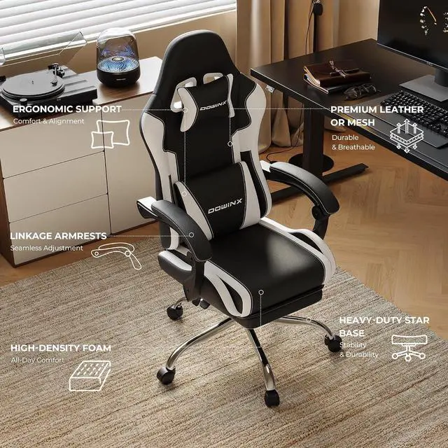 Alt view image 6 of 7 - Ergonomic Gaming Chair with Footrest & Massage Lumbar, Reclining Computer Chair 330lbs with Headrest Pillow for Office, Home, Streaming and Long Gaming Sessions, White