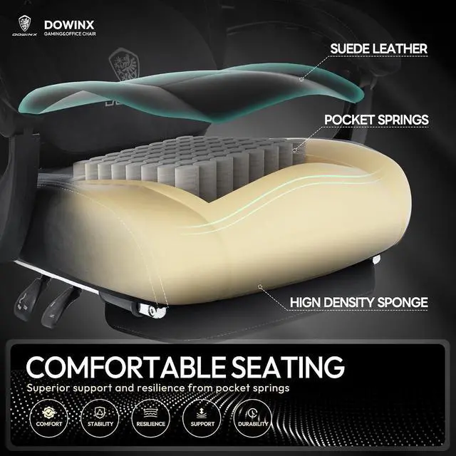 Alt view image 5 of 7 - Dowinx Fabric Gaming Chair with Heated Massage Lumbar Support, Game Chairs for Adults, Big and Tall Gamer Chair with Pocket Spring Cushion, High Back PC Chairs with Footrest, Black