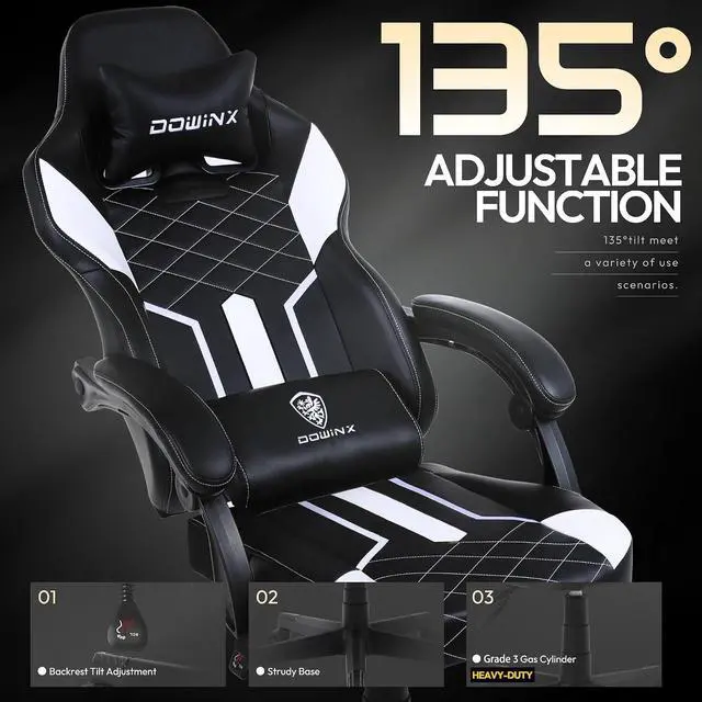 Alt view image 4 of 7 - Dowinx Gaming Chair with Pocket Spring Cushion High Back Ergonomic Computer Chair PU Leather 350 LBS, Black and White