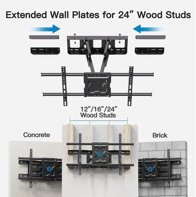 Alt view image 2 of 7 - 24 Inch Full Motion TV Wall Mount for Most 37 50 55 65 75-84 Inch TVs, Articulating Arms with Swivel Tilt Rotation Flat Curved, Extension to Wood Stud up to 132lbs Max VESA 600x400mm by Pipishell