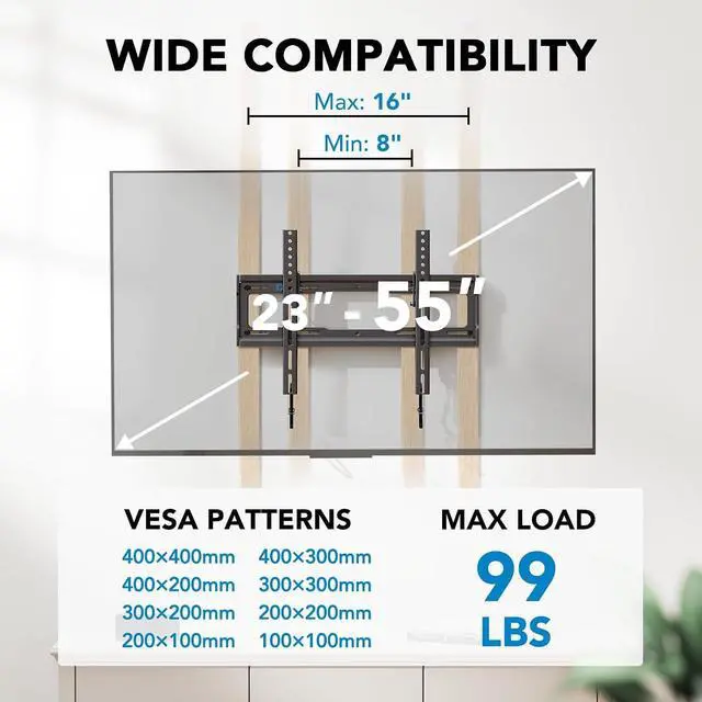 Alt view image 2 of 7 - Pipishell Tilt TV Wall Mount Bracket Low Profile for Most 23-55 Inch LED LCD OLED 4K Flat Curved TVs up to 99lbs Max VESA 400x400mm, 8° Tilting for Anti-Glaring, Fits 8-16 inch Wood Stud